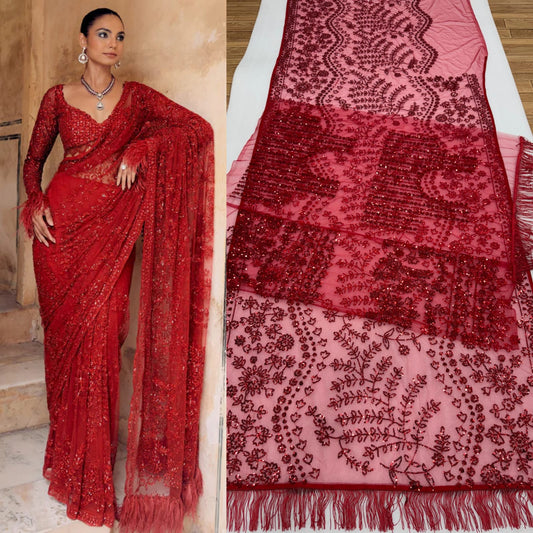 Party-wear Bollywood Blockbuster Net Multi Sequence Embroidery Work Saree