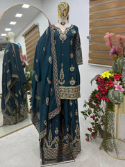 Designer Party-wear Chinon Silk Embroidery & Sequence Work Sharara Suit
