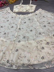 Luxurious White Premium Tabby Silk Lehenga Choli With Beautiful Thread Embroidery
