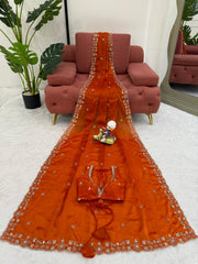 Trending Rust Fendy Silk Thread & Sequence Embroidery Work Saree