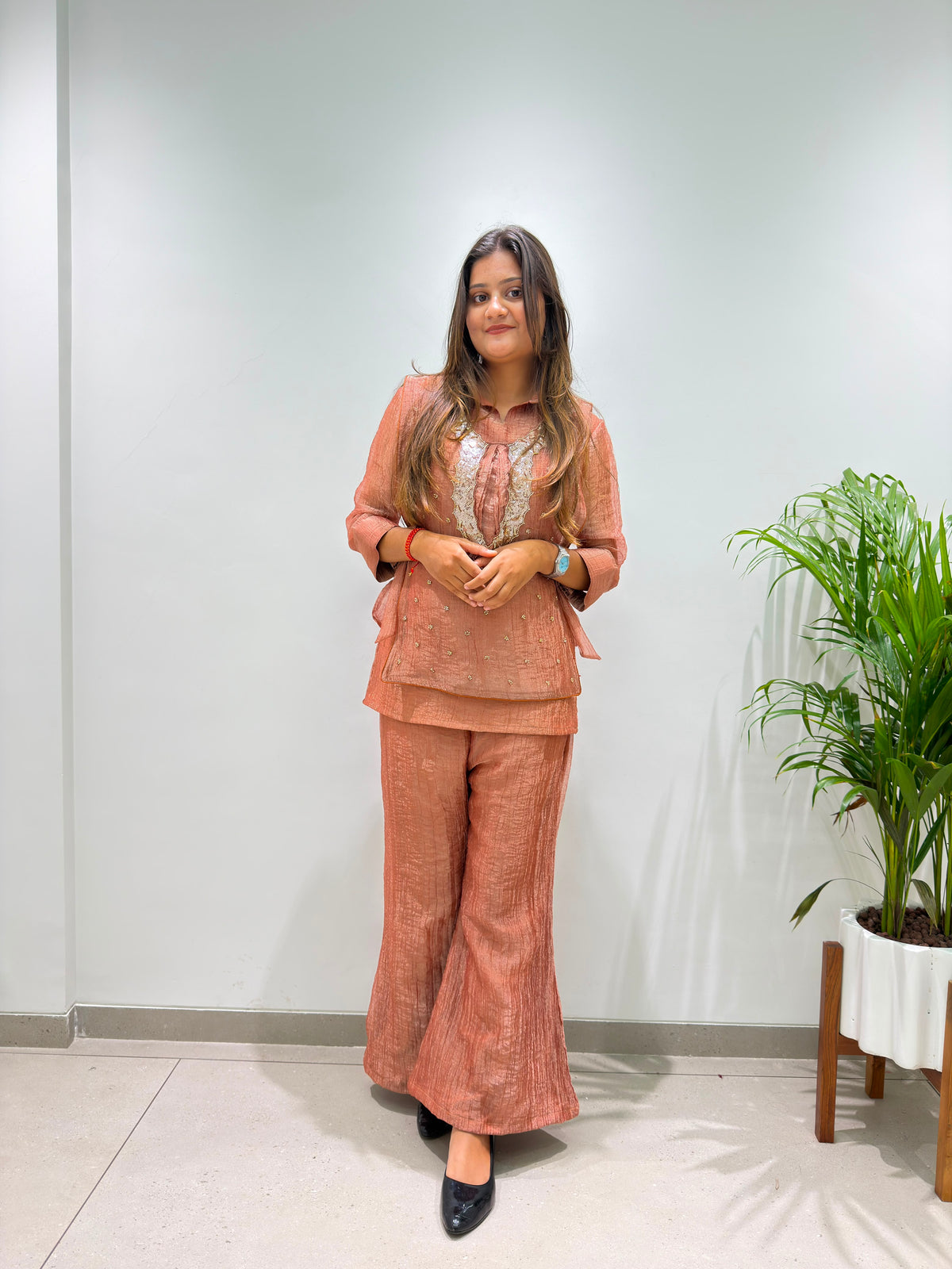 Festive Special Salsa Silk Co-Ord Set With Shrug