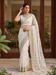 Party-wear Net Embroidery With Pearls Diamond Work Saree