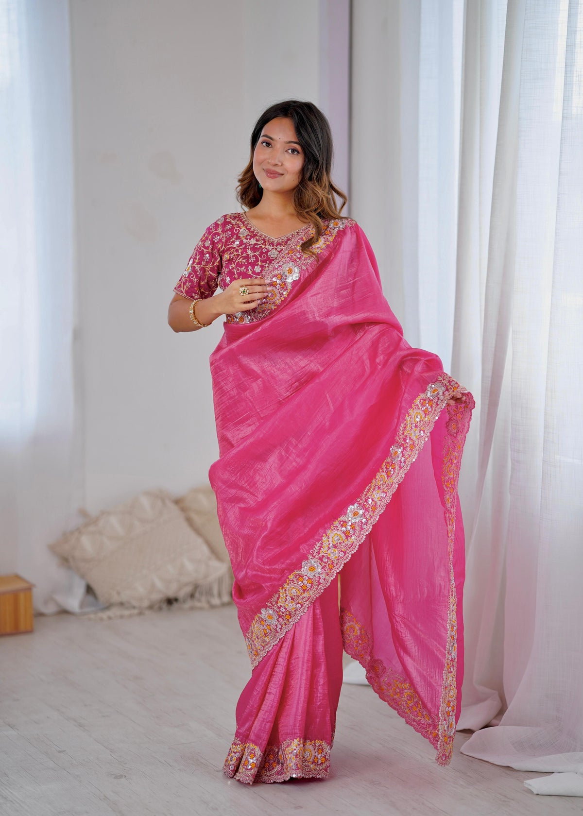 Party-wear Gold Crush With Heavy Embroidery Threads Coding Work Saree