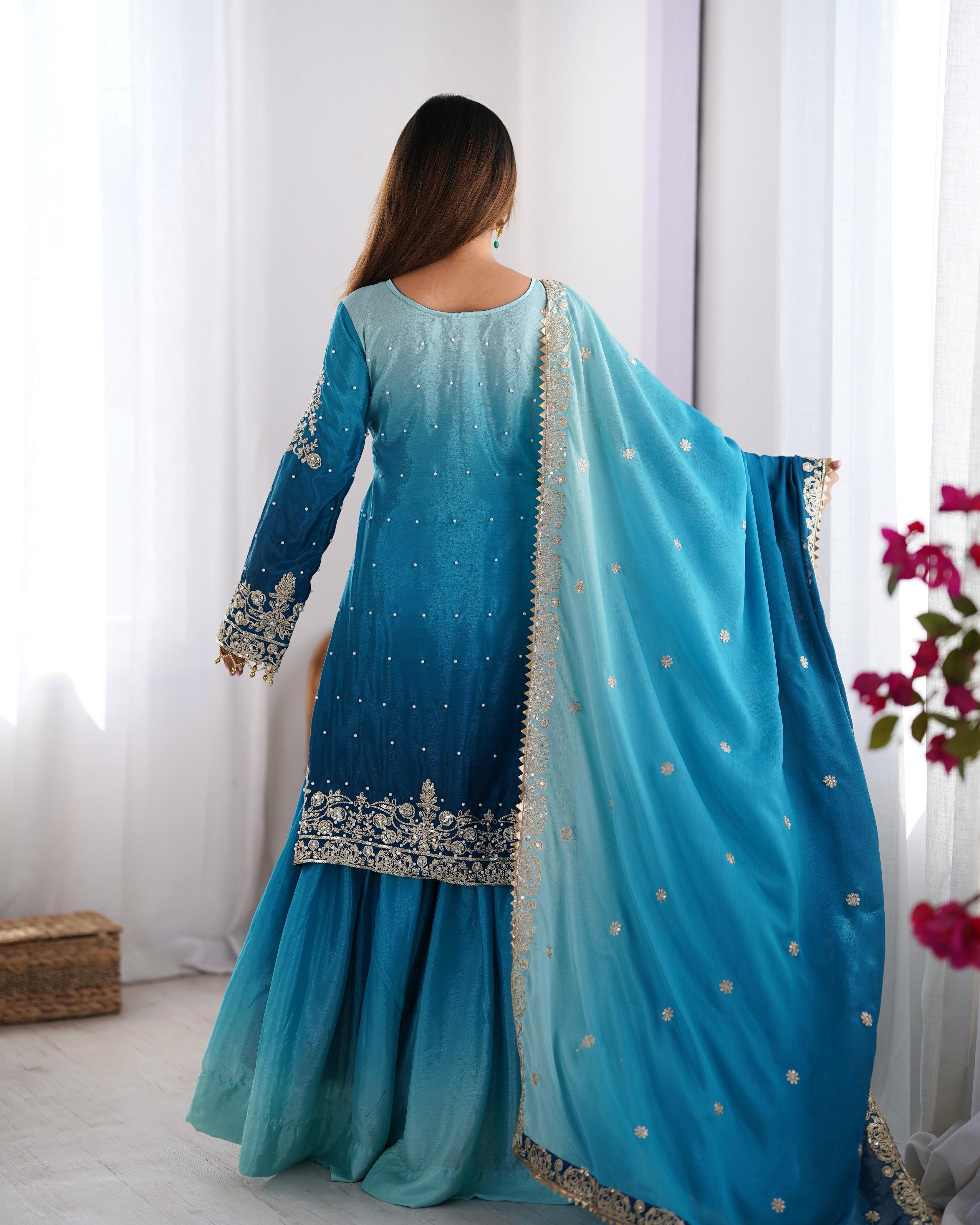 Beautiful Designer Chinon Silk Sequence With Rivet Moti Work Sharara