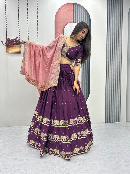 Festive Special Chinon Silk Embroidery Sequence Work Lehenga With Stitched Blouse
