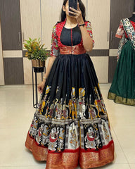 Trendy Exquisite Kalamkari Dola Silk Gown With Koti