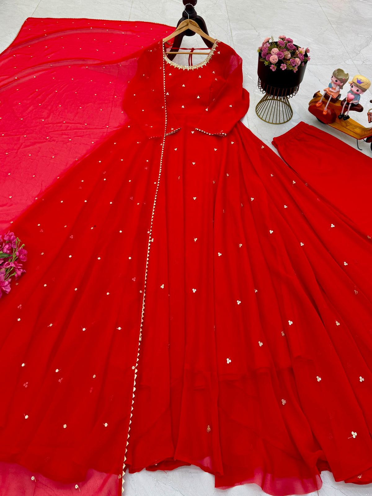 Party-wear Red Georgette Embroidery Sequence Work Gown