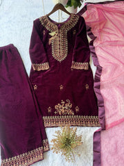 Winter Special Velvet Embroidery Work Suit