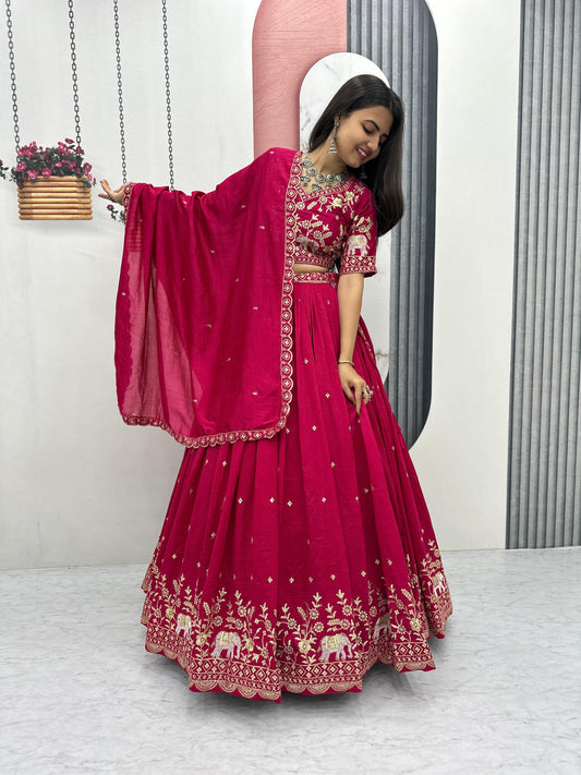 Festive Special Vichitra Silk Embroidery Thread & Sequence Work Lehenga With Stitched Blouse