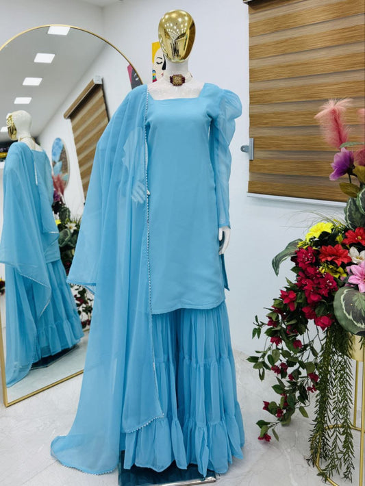 Party-wear Designer Ruffle Style Top Palazzo & Dupatta Set