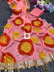 Beautiful Chinon Silk Mirror Handwork Saree
