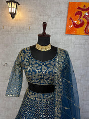 Party-wear Flared Butterfly Net Embroidery & Sequence Work Lehenga Choli