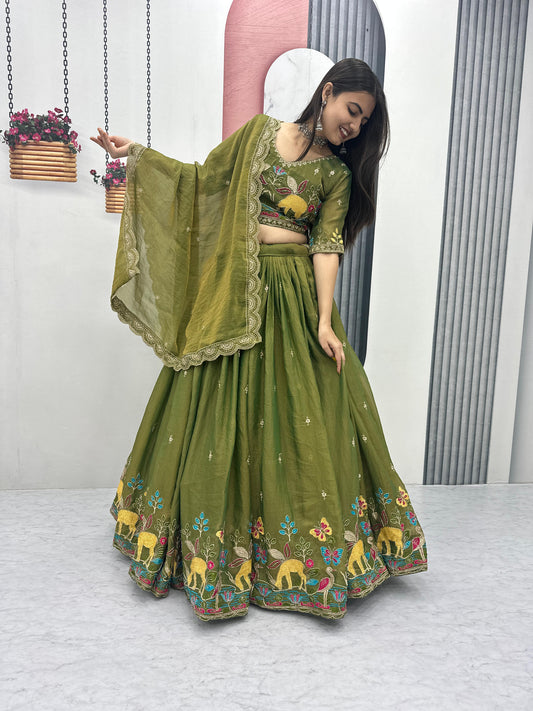 Beautiful Shimmer Embroidery Thread Lehenga With stitched Blouse