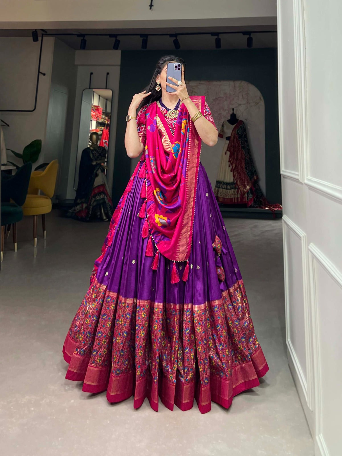 Beauty Of Elegance Tussar Silk Printed With Foil Work Lehenga Choli