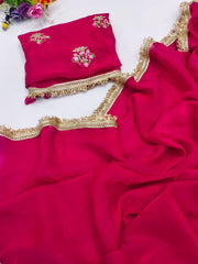 Partywere Soft Silk Satin designer Lace Work Saree