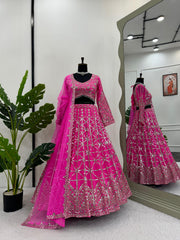 Partywear Pink Georgette Sequence With Thread Work Lehenga Choli