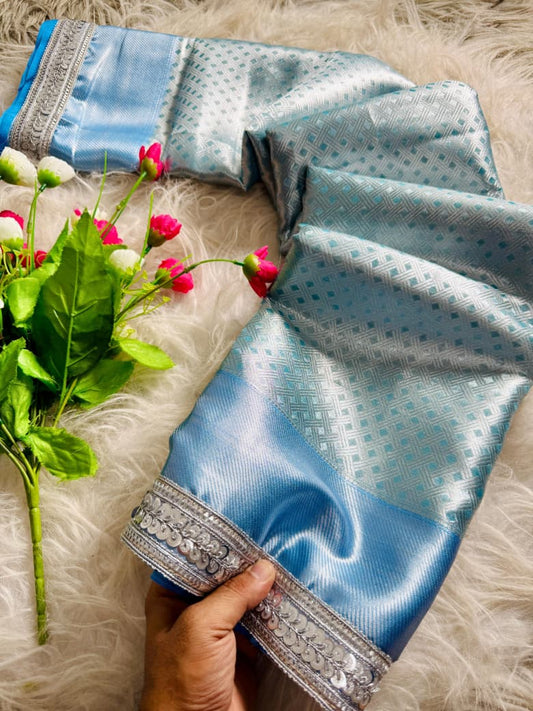 Elegant Sky Blue Banarasi Tissue silk With Silver Zari Checks Saree