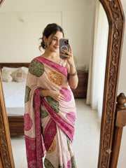 Beautiful Chinon Digital Bandhani Printed With Chakri Motifs Work Saree