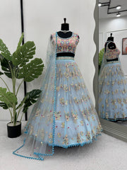 Partywear Sky Blue Butterfly Net Thread With Sequence Work Lehenga Choli
