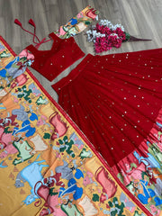 Beautiful Georgette Kalamkari Printed & Embroidery Thread Work Lehenga With Stitched Blouse