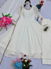Beautiful White Georgette Anarkali With Fancy Lace Gown