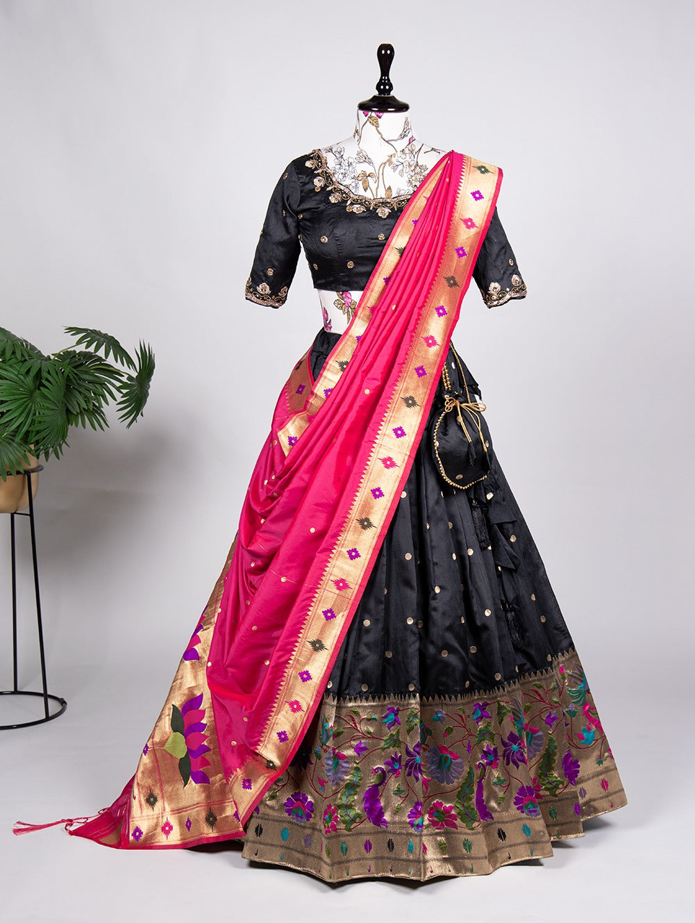 Mesmerizing Black Jacquard Silk Paithani Zari Weaving Work Lehenga Choli