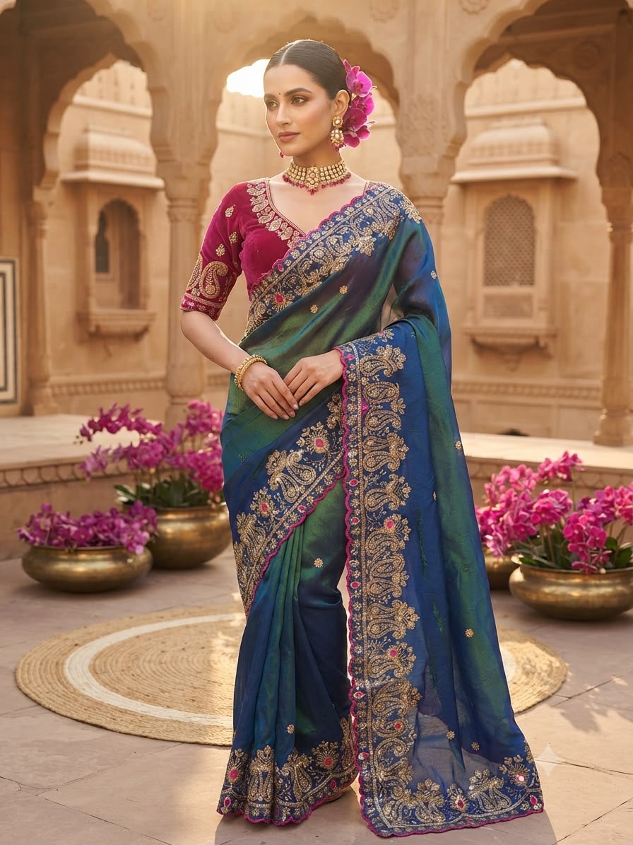 Party-wear Space Silk Zari & Sequence Embroidery Work Saree