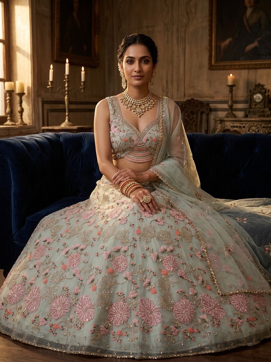 Festive Special Tabby Silk Pearl Embroidery Sequence Work Lehenga Choli