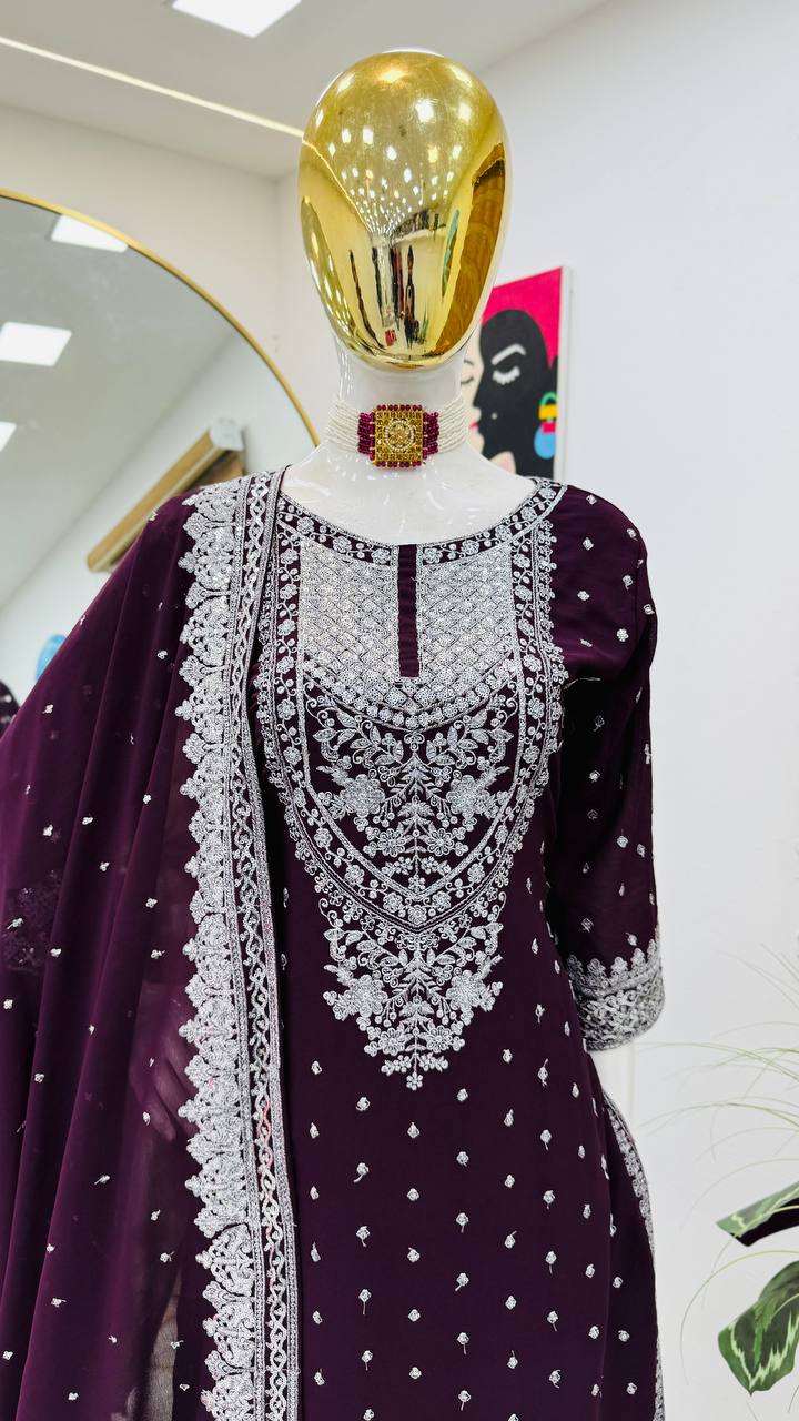 Designer Party-wear Embroidery & Sequence Work Sharara Suit
