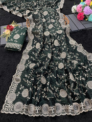 Tissue Silk Multi Thread Embroidery Work Saree