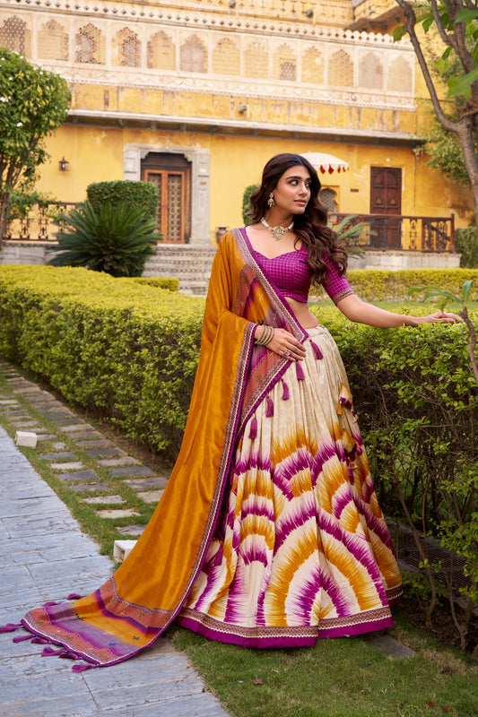Beautiful Tasar Silk Tie  & Dye Printed Lehenga Choli