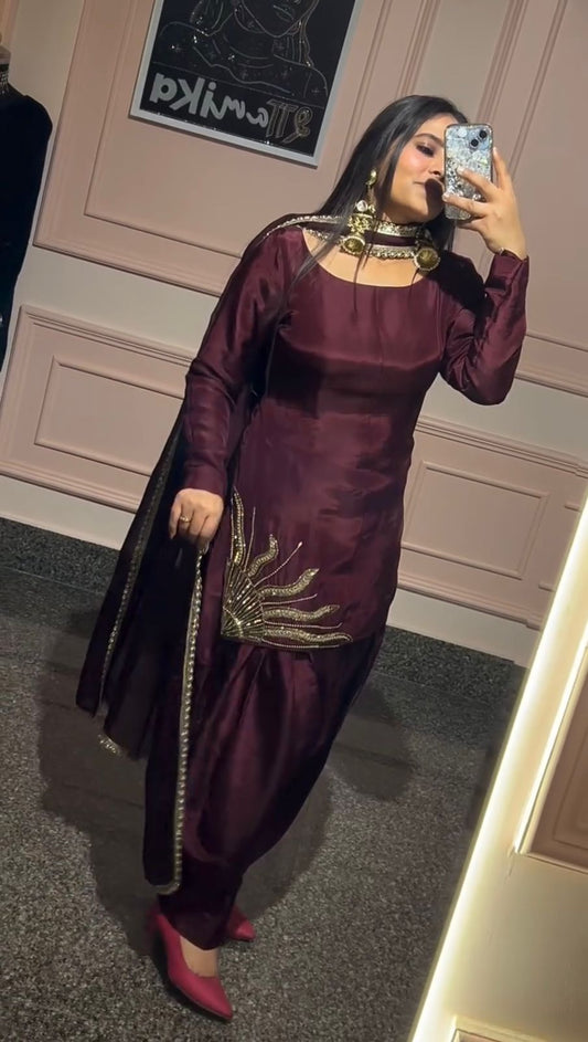 Partywear Natural Crepe Silk Beads With Moti(Handwork) Dress