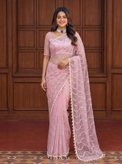 Party-wear Net Bits Sequence Pearls Embroidery Work Saree