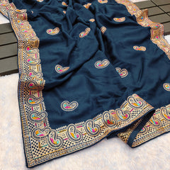 Beautiful  Vichitra Silk With Heavy Embroidery Thread Zari Work Saree