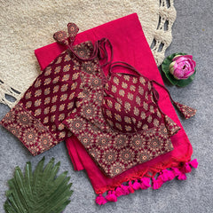 Beautiful Khadi Cotton Silk Saree With Designer Ready-made Ajrakh Cotton Blouse