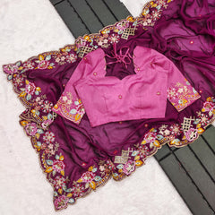 Designer Cutwork Embroidery Noha Crush Saree With Mono Silk Blouse