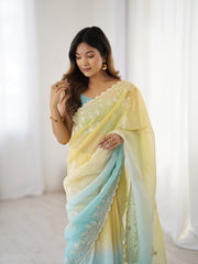 Trendy Crunchy Peding Cotton Thread Embroidery Work Saree