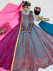 Party-wear Fendy Silk Gown Pant & Dupatta Set