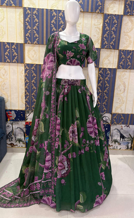 Royal Green Colour Georgette Printed Work Lehenga Choli