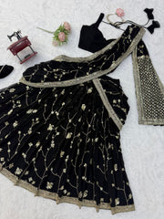 Trendy Black Georgette Thread Sequence Work Lehenga Saree