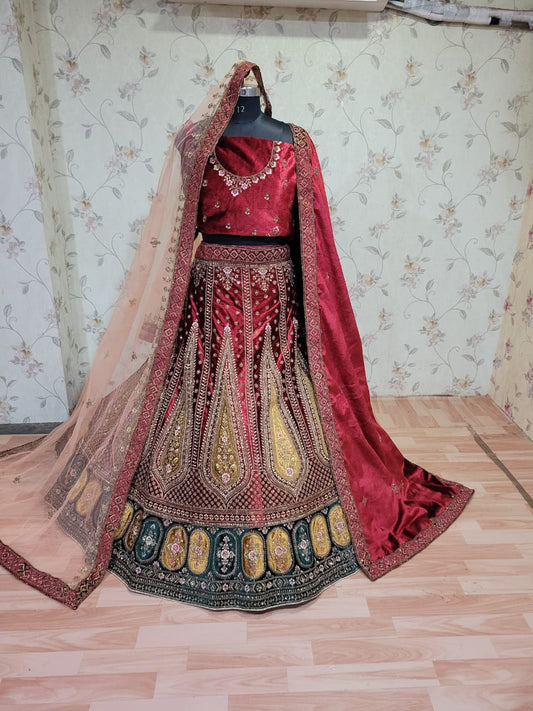Heavy Pure Lycra Velvet Zarkan Work Multi Colour Double Duppata & Double Cancan Bridal Lehenga Choli