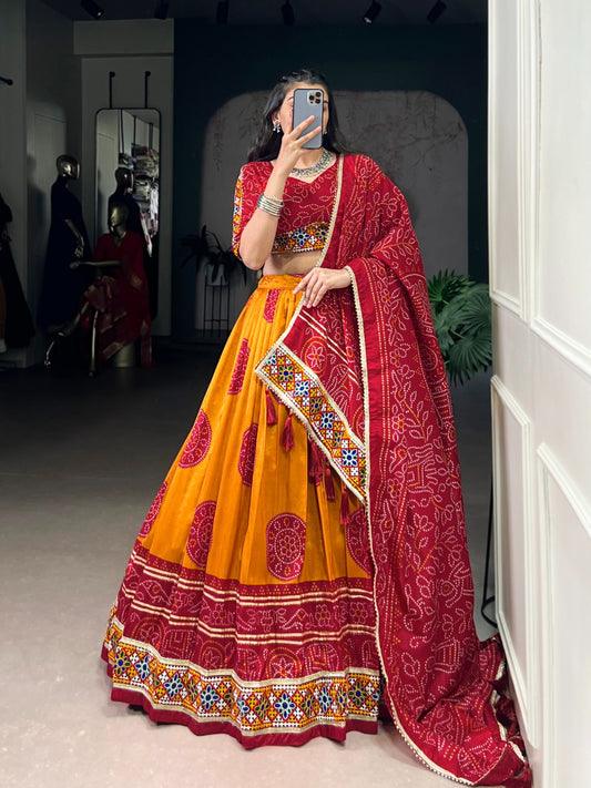 Festival Special Tasar Silk Bandhej Printed & Gamthi Work Lehenga Choli