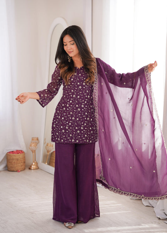 Party-wear Crunchy Silk Embroidery Sequence Work Sharara