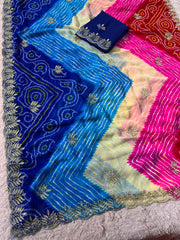 Beautiful Multi Shaded Lehriya With Silver Zari Sequence Shiny Leaf Work Saree