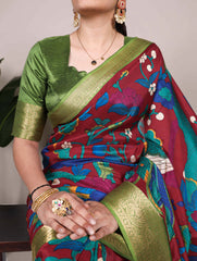 Beautiful Tussar Silk Printed With Zari Weaving Work Saree