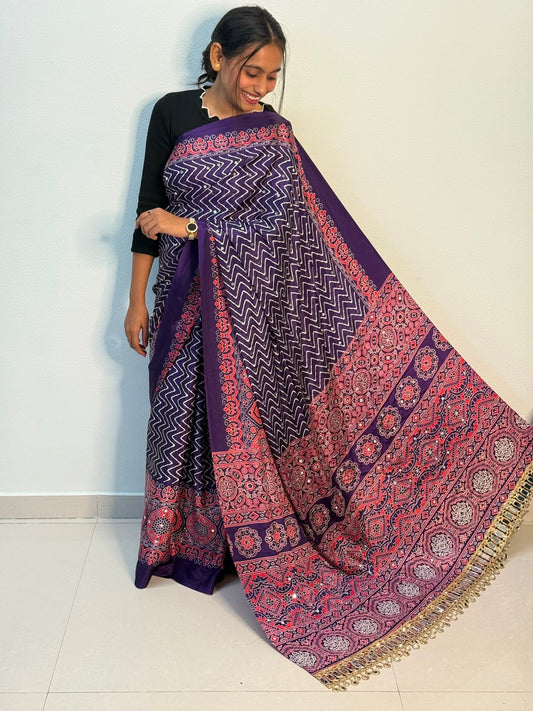 Trending Pure Arjakh Satin Viscose Silk With Real Mirror & Printed Saree