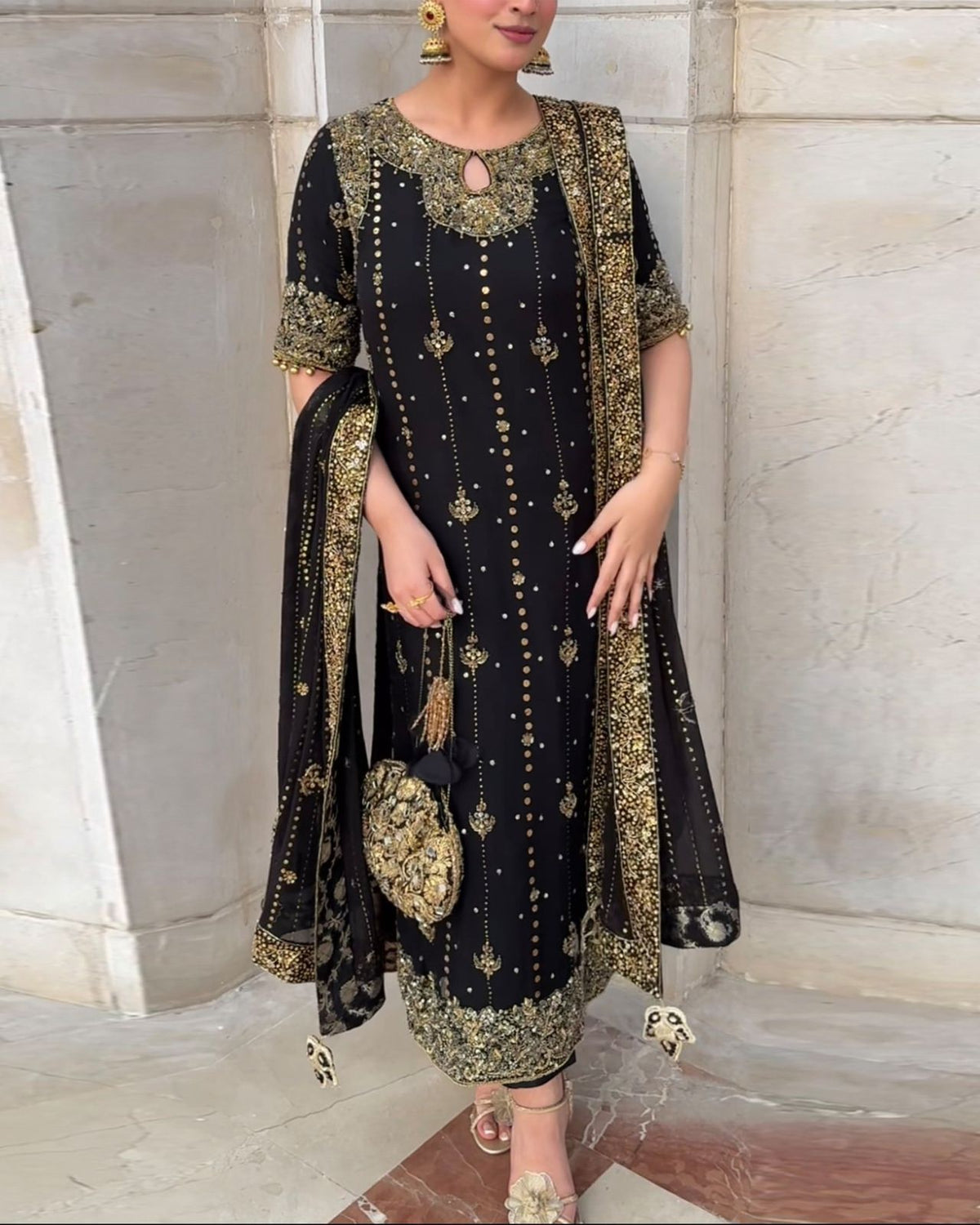 Beautiful Party-wear Georgette Thread With Sequence Work Black Suit