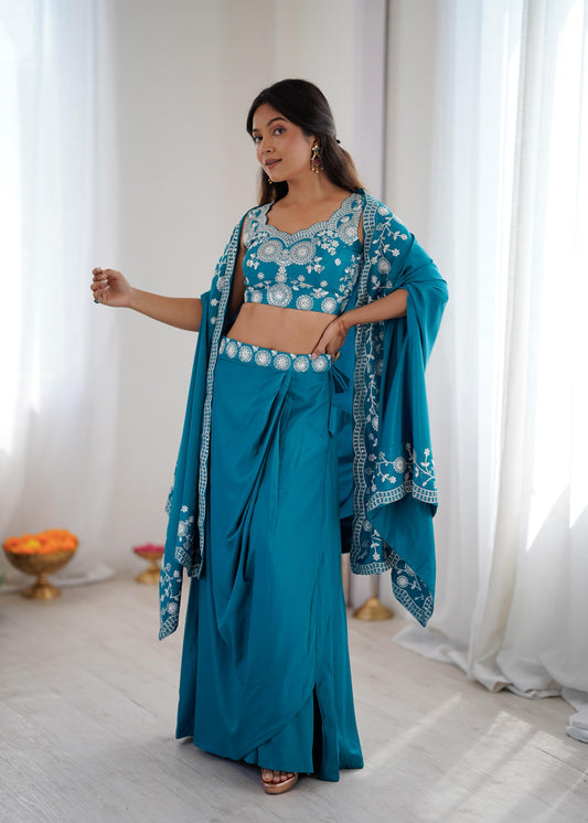 Festive Teal Dhoti Style Co-Ord Set With Shrug