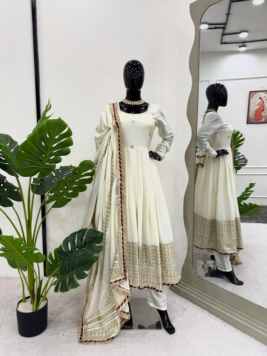 Moon White Chinon Silk Thread With Sequence Work Gown