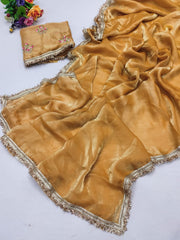 Partywere Soft Silk Satin designer Lace Work Saree